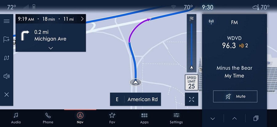 A sync four screen shows the capabilities of cloud connected navigation