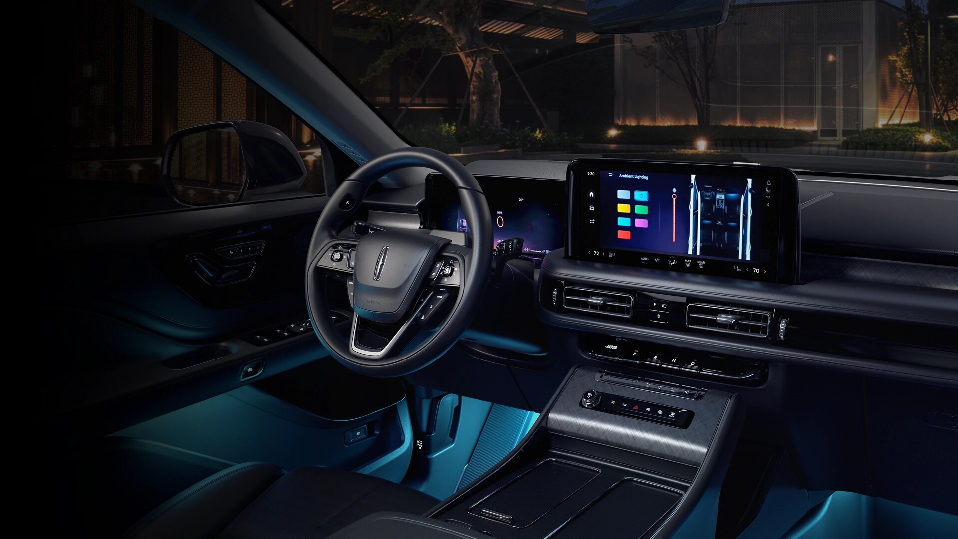 Deep blue ambient lighting glows from various places within a 2025 Lincoln Aviator® SUV.
