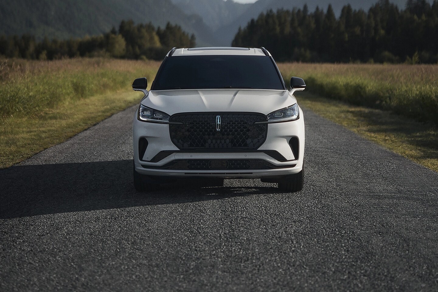 A 2025 Lincoln Aviator® SUV is being driven of a rural tree-lined road.