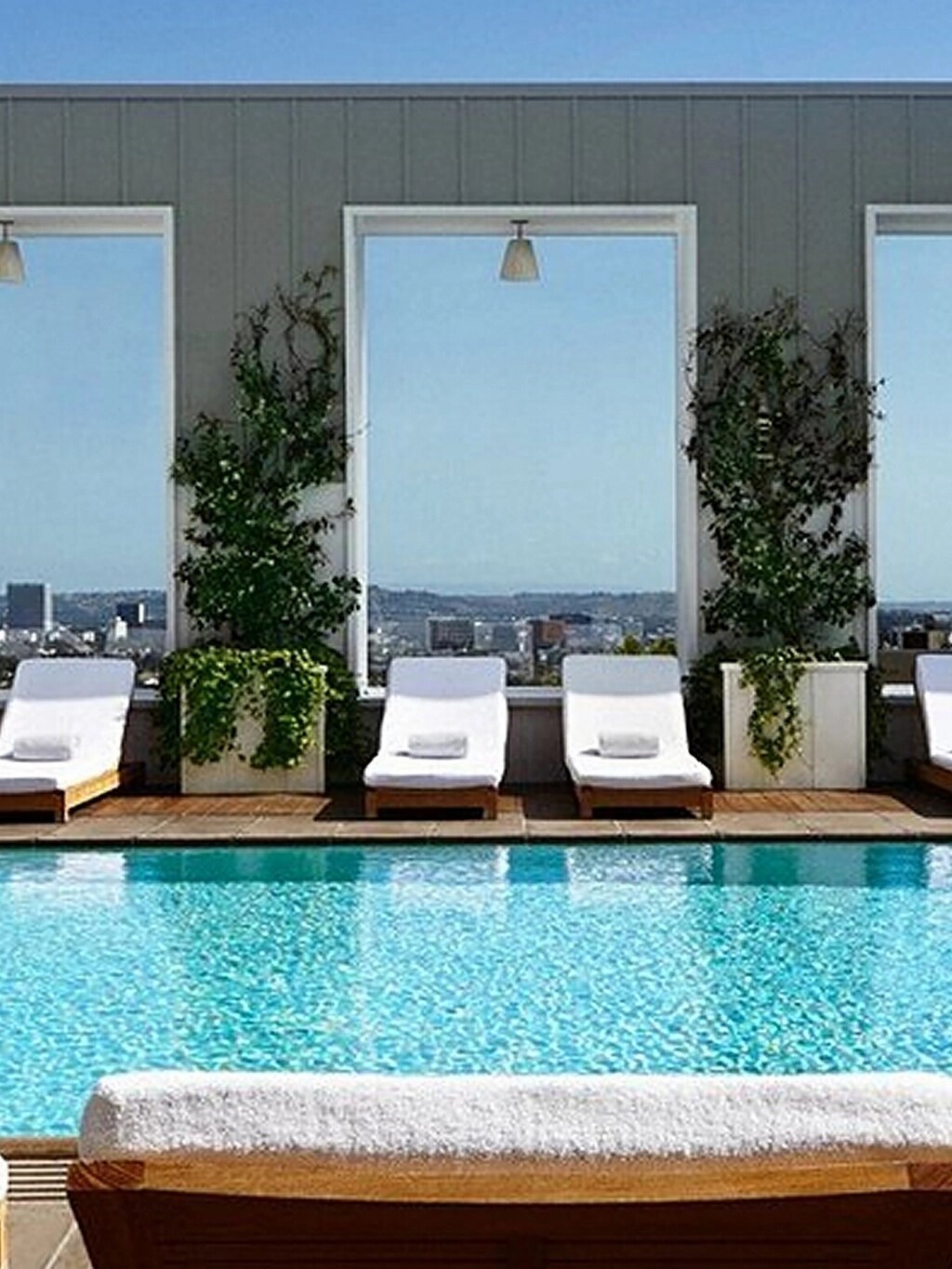 A nice pool side oasis with palm trees.