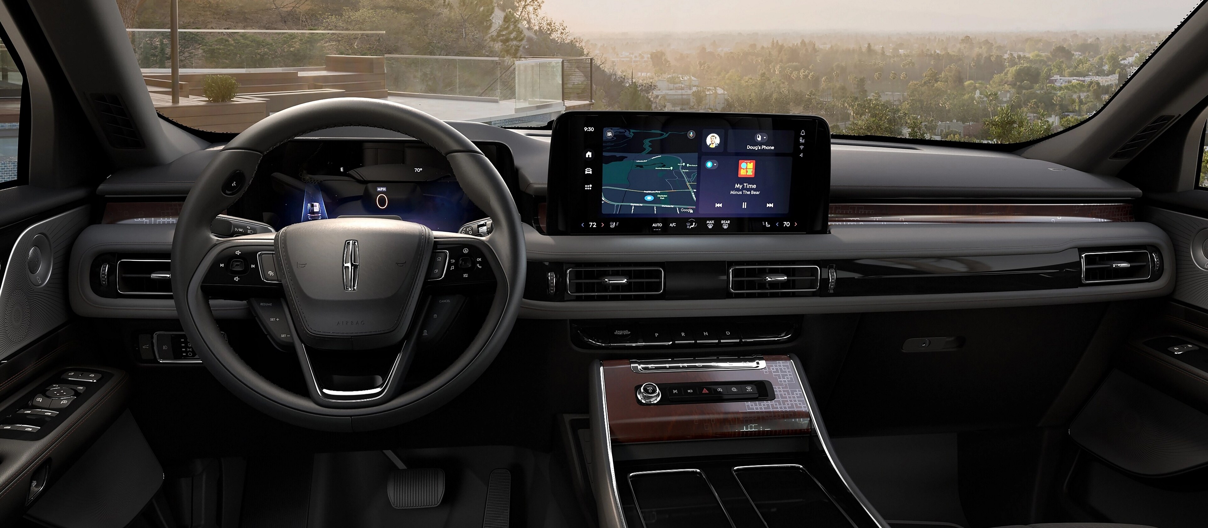 The interior of a 2026 Lincoln Black Label™ Aviator® SUV from the second row looking through the windshield