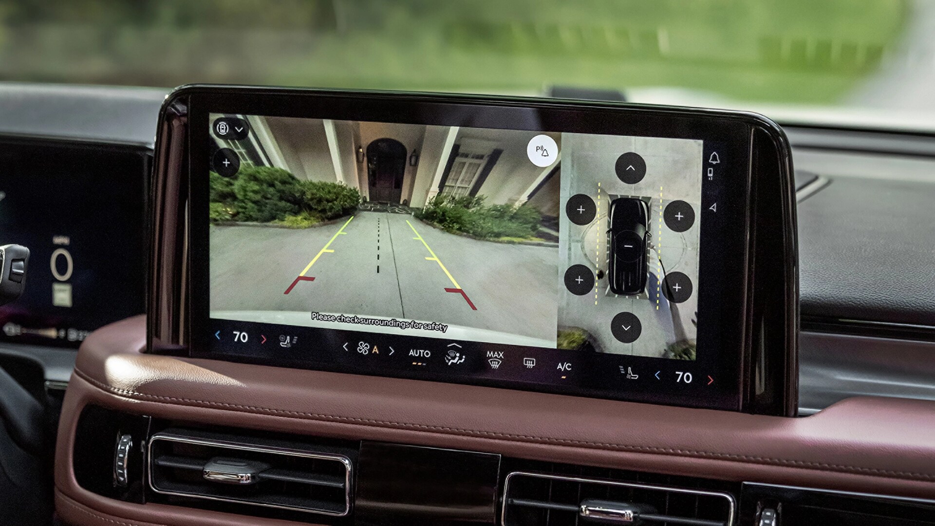The 360 Degree camera system shows what is behind a 2026 Lincoln Aviator® SUV in the center touch screen
