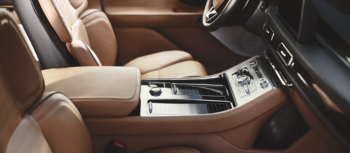 The interior of a 2023 Lincoln Aviator® is shown with multiple hotspots that can be clicked for more information