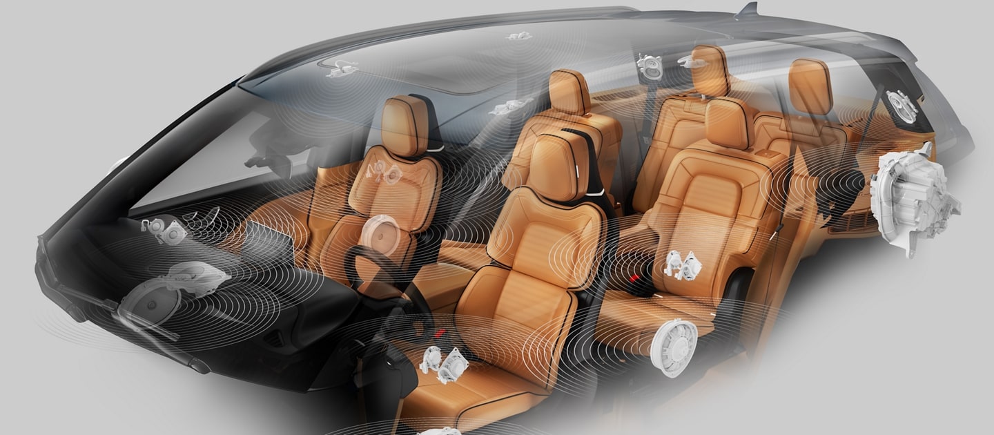 A computer generated image of a 2023 Lincoln Aviator® displays the placement of the Revel® Ultima 3D audio system