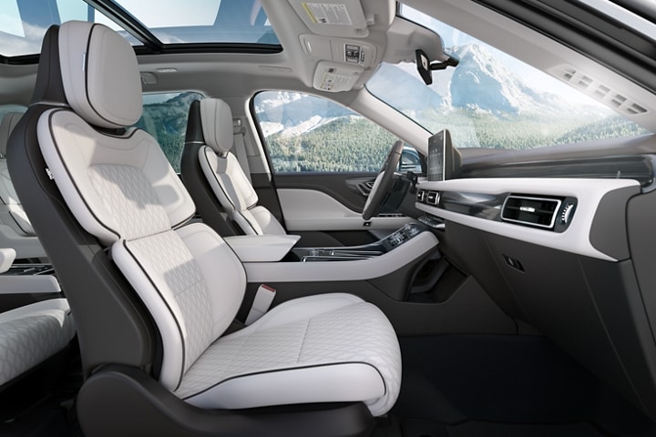 The Perfect Position front seats of a 2023 Lincoln Aviator® Black Label model are shown in a profile view