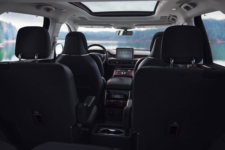 The interior of a 2023 Lincoln Aviator® is shown from behind the second row