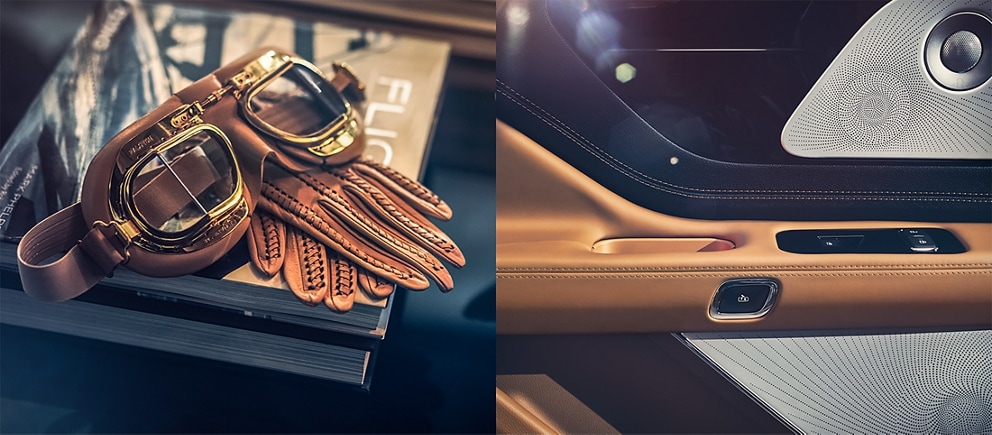 Gafas y guantes. Detalles del diseño interior de un vehículo Aviator black label.