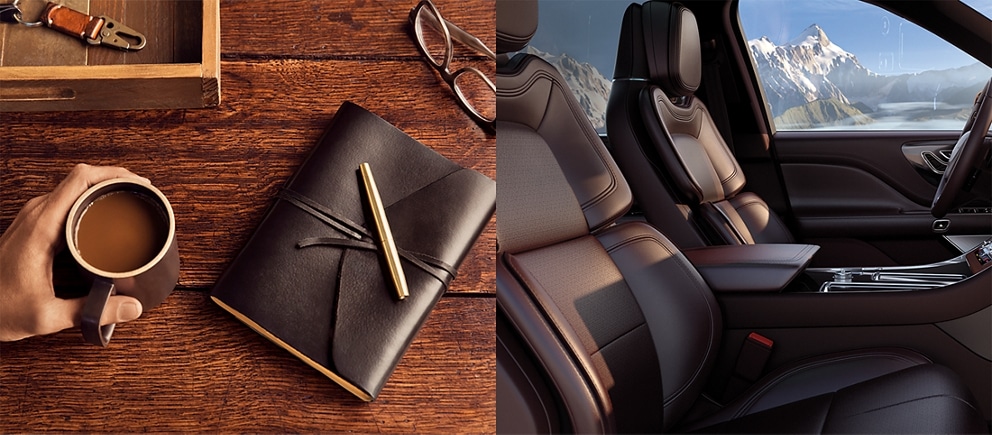 Un cuaderno y una taza de café. Detalles del diseño interior de un vehículo Aviator black label.
