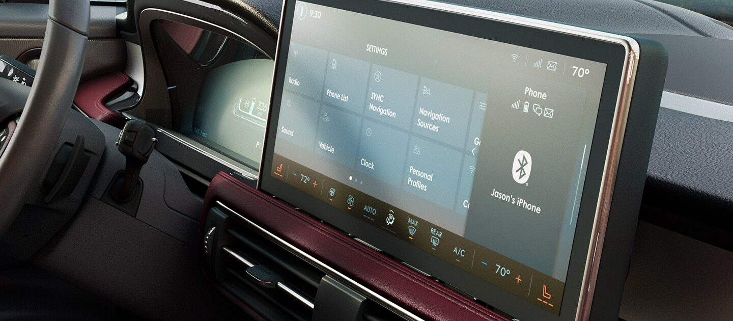 The center touchscreen of a 2023 Lincoln Corsair® SUV displays a number of SYNC® 4 setting options