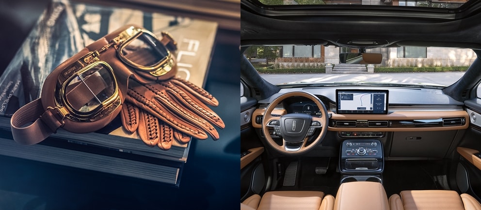 A pair of goggles and gloves. The interior design details of a Nautilus black label vehicle..