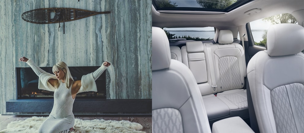 A woman sitting inside a chalet and the inside of a Nautilus black label vehicle.. The interior design details of a navigator black label vehicle..