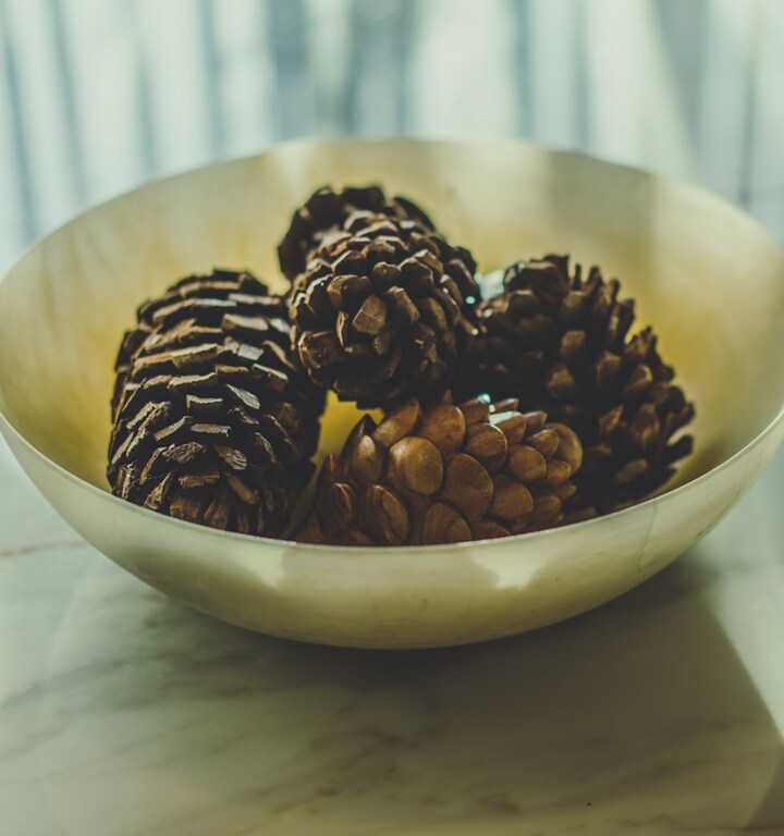 A stylish arrangement of pinecones hint at the Chalet theme's inspiration
