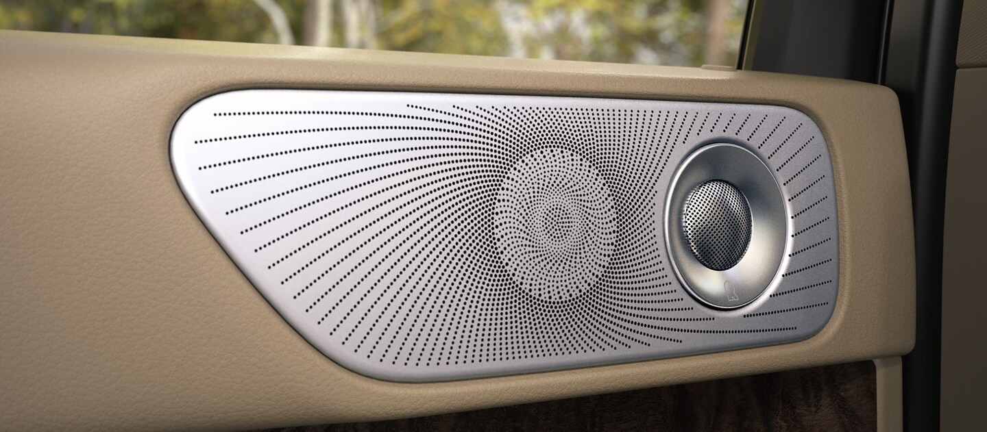 A silver second row door speaker and tweeter feature a radial sunburst design creating lines that imitate the expansive power of the sound system