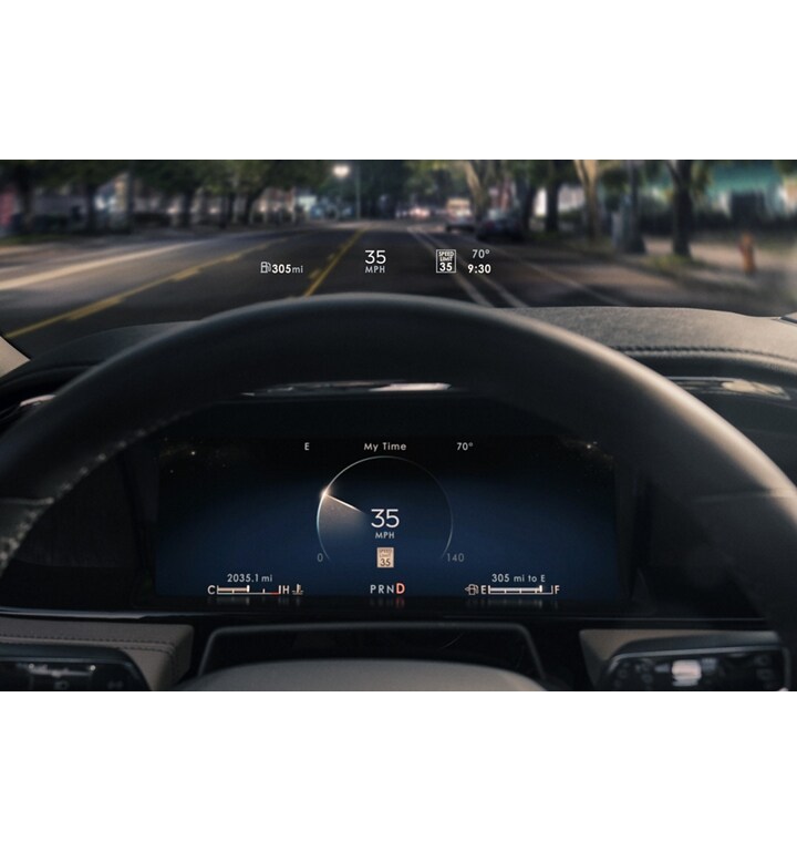 The head-up display projects basic driver information above the steering wheel.