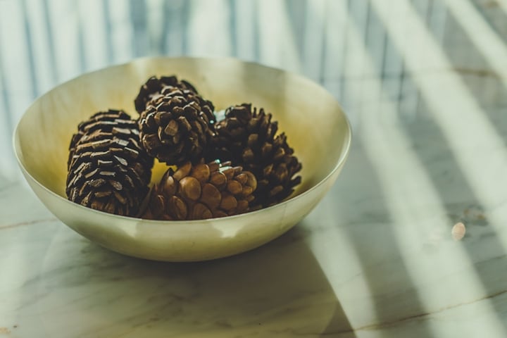 A bowl of pinecones sits on a marble counter.