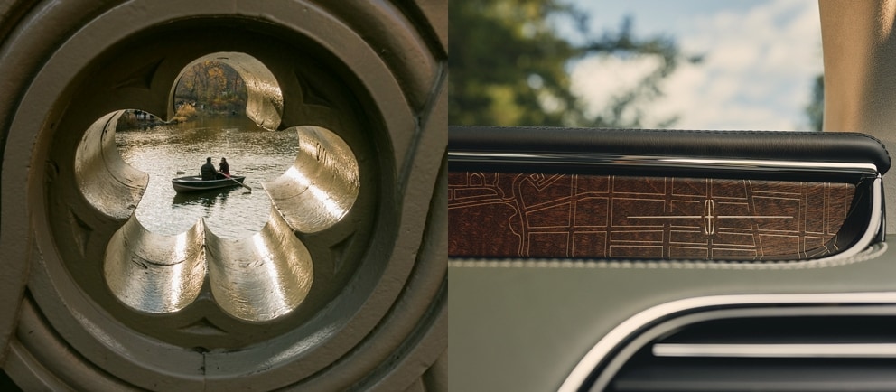 Un hombre y una mujer en un bote de remos. Los detalles del diseño interior de un vehículo navigator black label.
