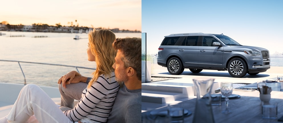 Un hombre y una mujer en un yate, y el exterior de un vehículo Navigator black label.