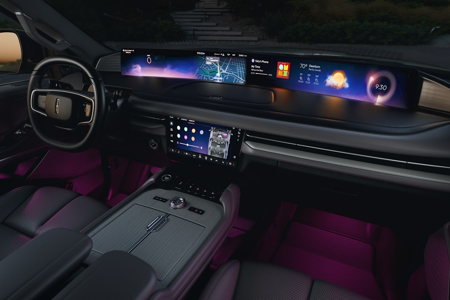 The interior of a 2025 Lincoln Navigator® SUV is filled in violet ambient light