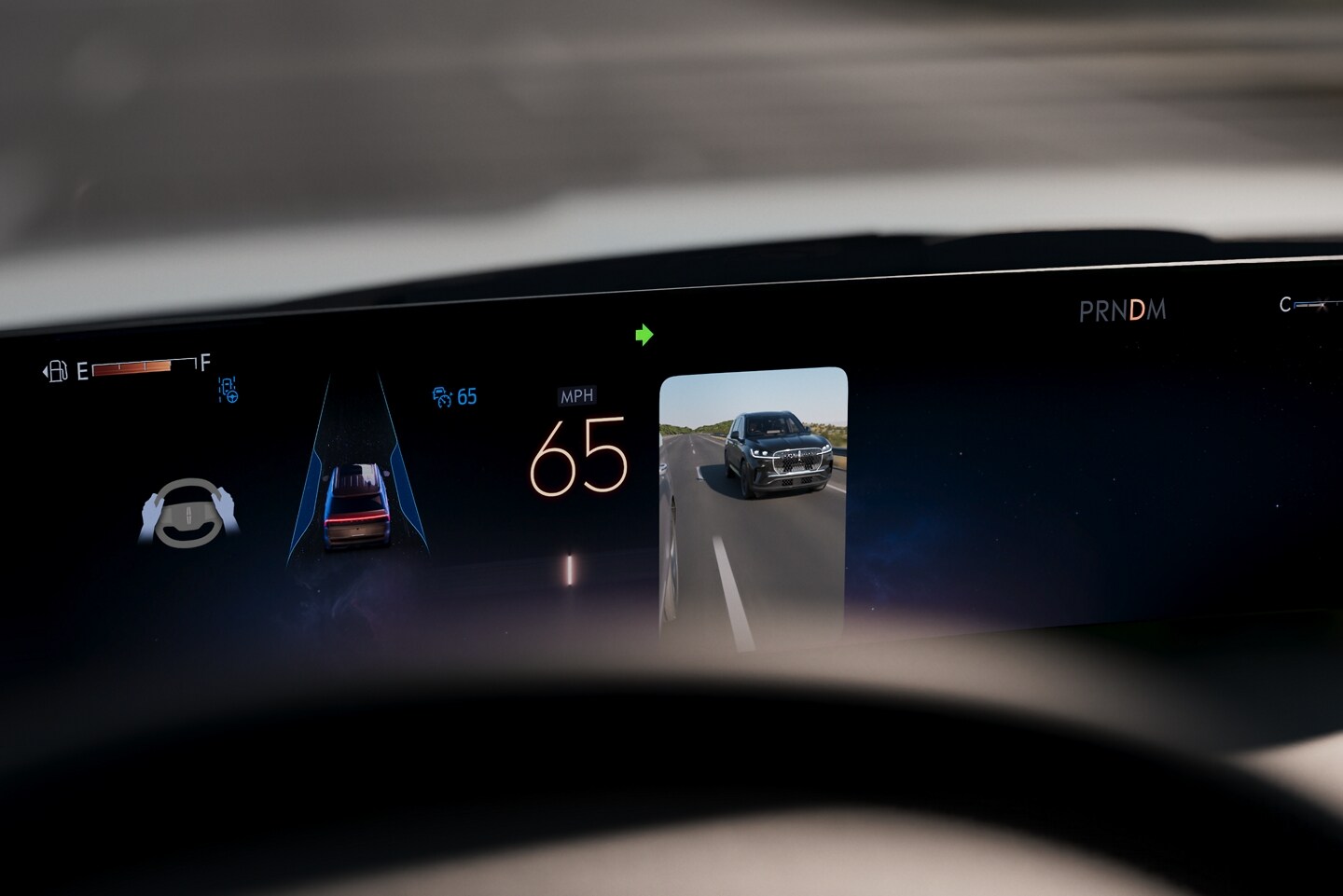 A 2025 Lincoln Navigator® SUV dashboard displaying the turn signal view feature