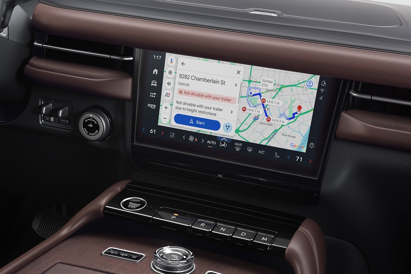 Interior shot of a 2025 Lincoln Navigator® SUV showing map of a towing route on display screen